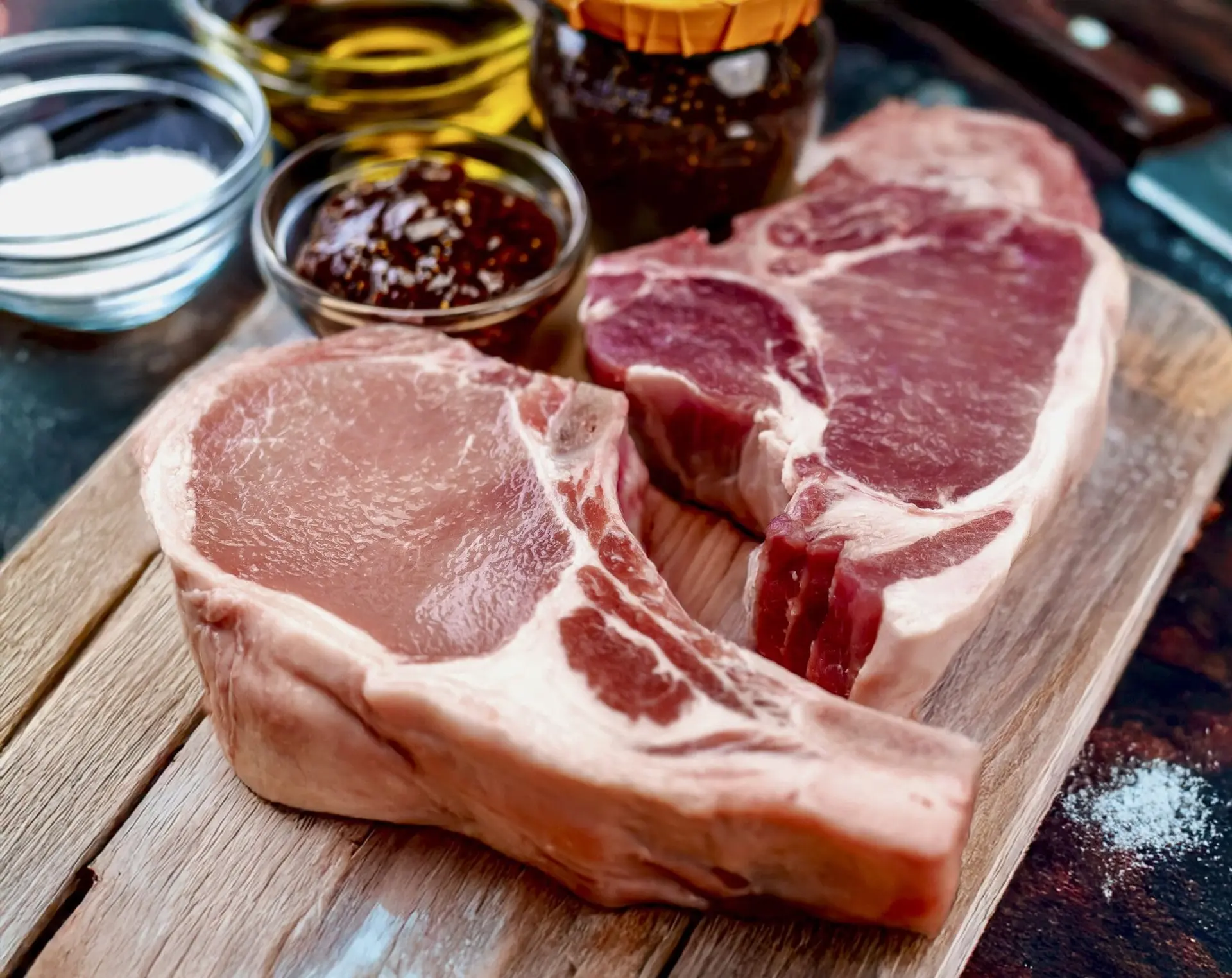 Two thick bone-in pork chops on a weathered wooden board with salt and small bowls of sauce and spices