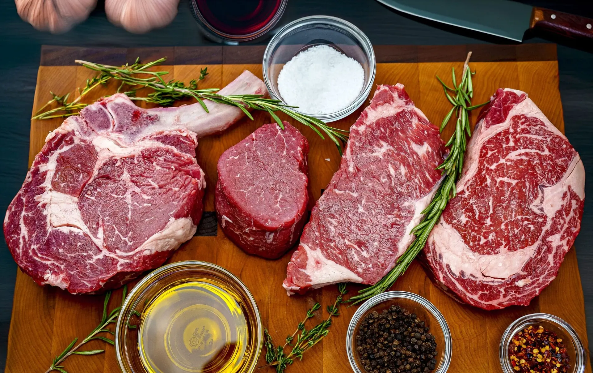 Four raw, well-marbled steaks on a wooden butcher block with rosemary, olive oil, coarse salt, peppercorns and chili flakes